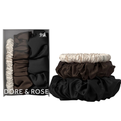 Šilko gumytės plaukams CHAMPAGNE, BROWN & BLACK | DORE & ROSE | www.SILUETI.shop