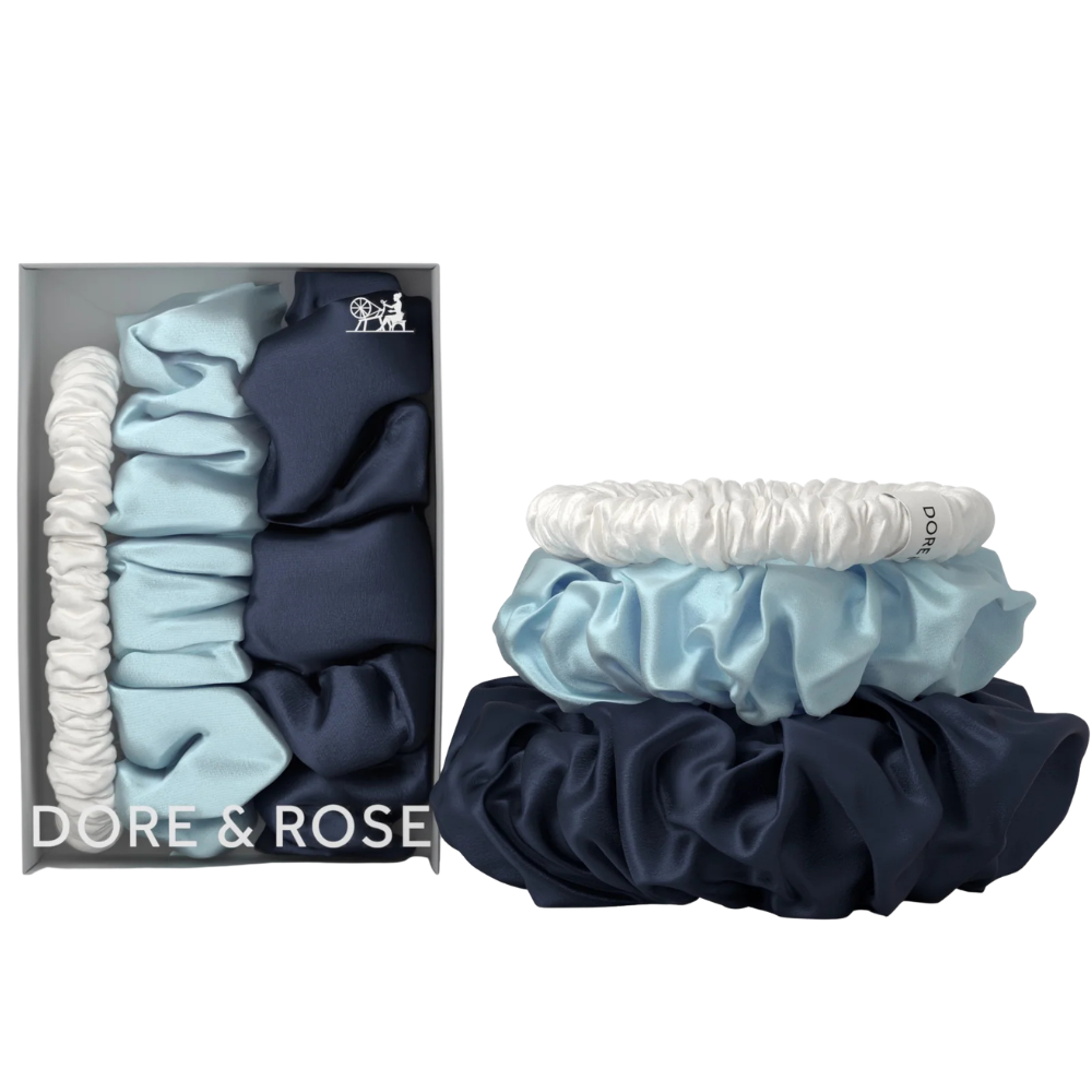 Šilko gumytės plaukams WHITE, LIGHT BLUE & DARK BLUE | DORE & ROSE | www.SILUETI.shop