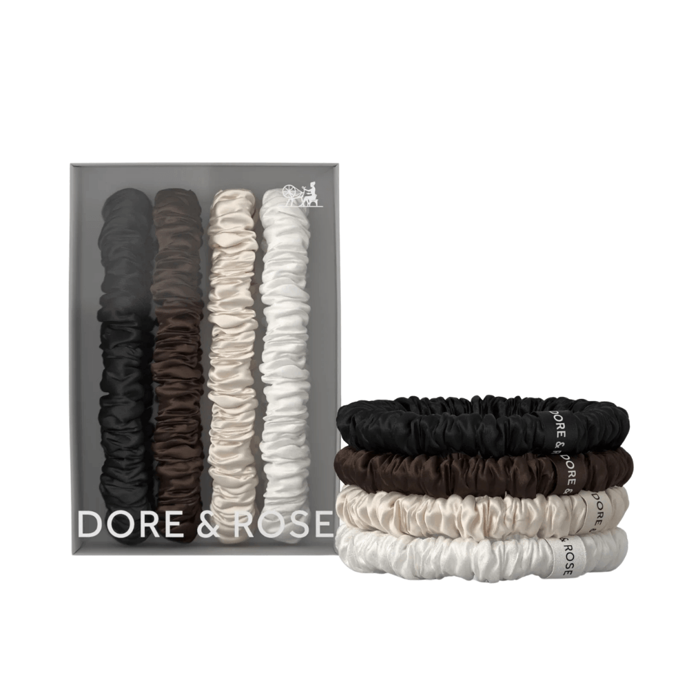 Šilko gumytės plaukams BLACK, BROWN, CHAMPAGNE & WHITE | DORE & ROSE | www.SILUETI.shop