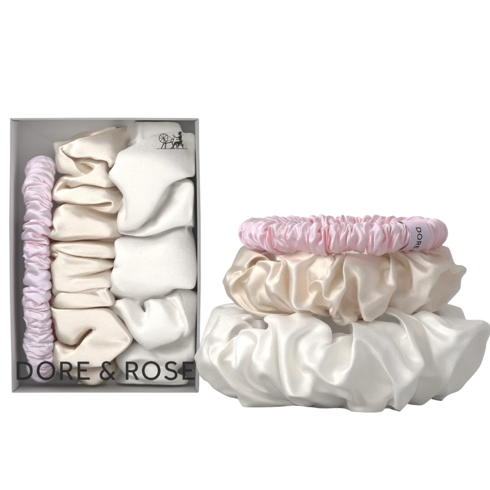 Šilko gumytės plaukams PINK, CHAMPAGNE & WHITE | DORE & ROSE | www.SILUETI.shop