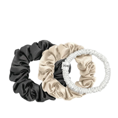 Šilko gumytės plaukams WHITE, CHAMPAGNE & CHARCOAL | DORE & ROSE | www.SILUETI.shop