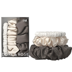 Šilko gumytės plaukams WHITE, CHAMPAGNE & CHARCOAL | DORE & ROSE | www.SILUETI.shop