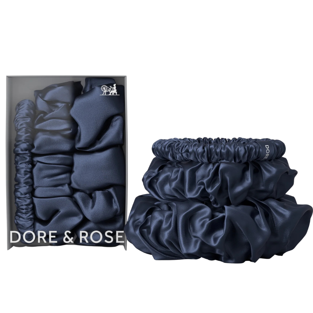 Šilko gumytės plaukams DARK BLUE | DORE & ROSE | www.SILUETI.shop
