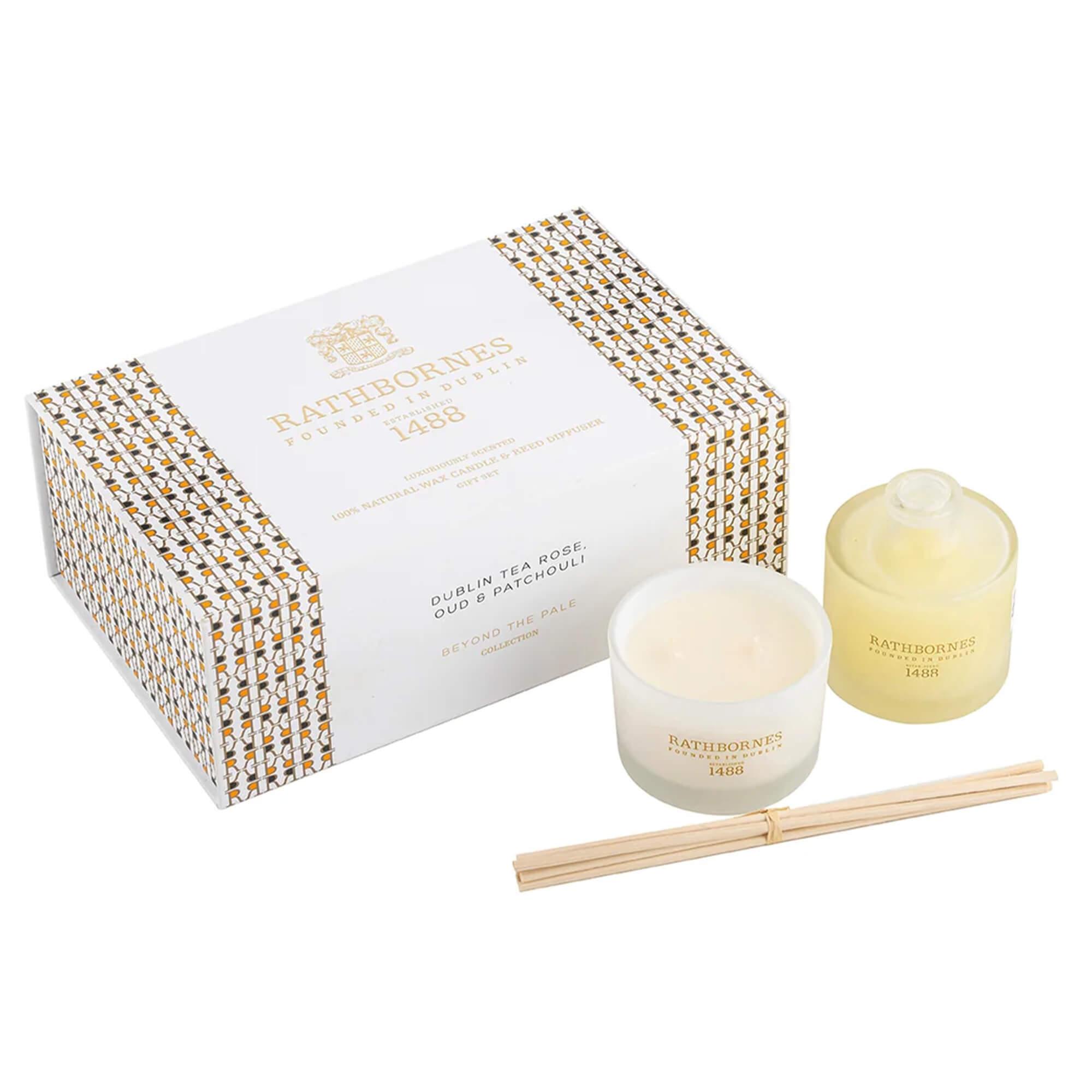 Aromatinės žvakės ir namų kvapo rinkinys DUBLIN TEA ROSE, OUD & PATCHOULI - SILUETI